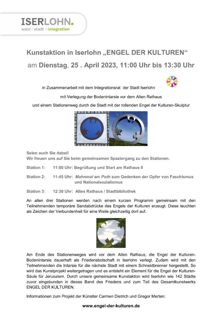 Kunstaktion in Iserlohn „ENGEL DER KULTUREN“ am Dienstag, 25 . April 2023, 11:00 Uhr bis 13:30 Uhr