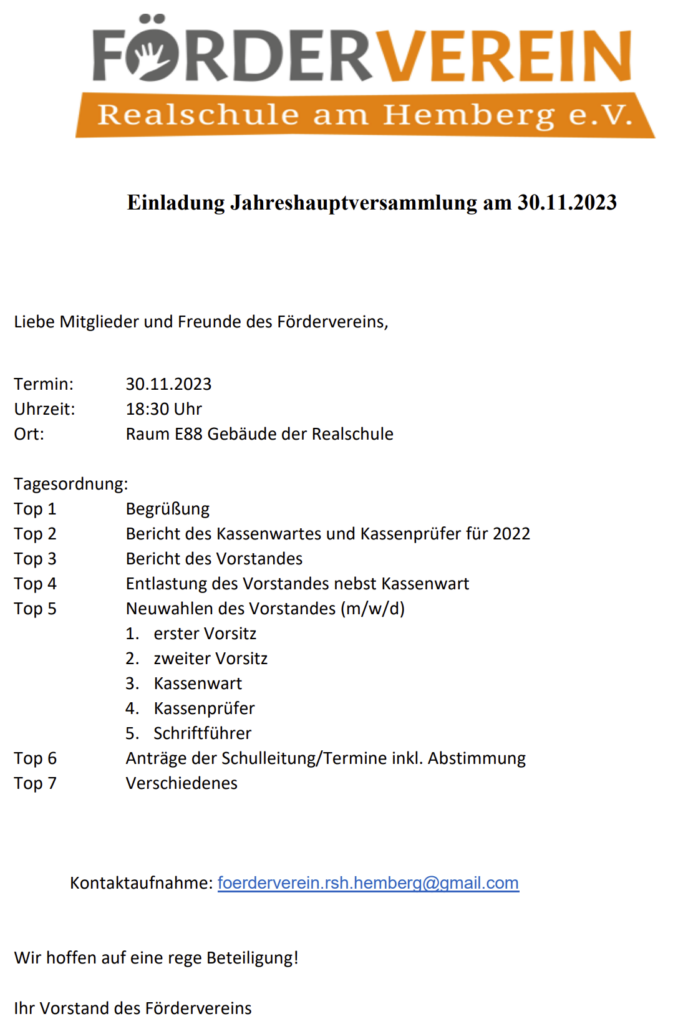 Einladung zur Jahreshauptversammlung am 30.11.2023